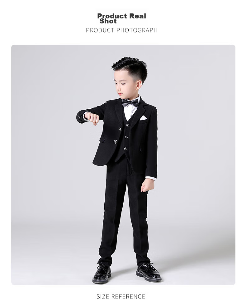 Luomeng Children's Suit Set for Boys, Flower Boy Formal Wear, Autumn Wool Suit for Piano Performance, Black Wool 5-Piece Set, Size 160 19