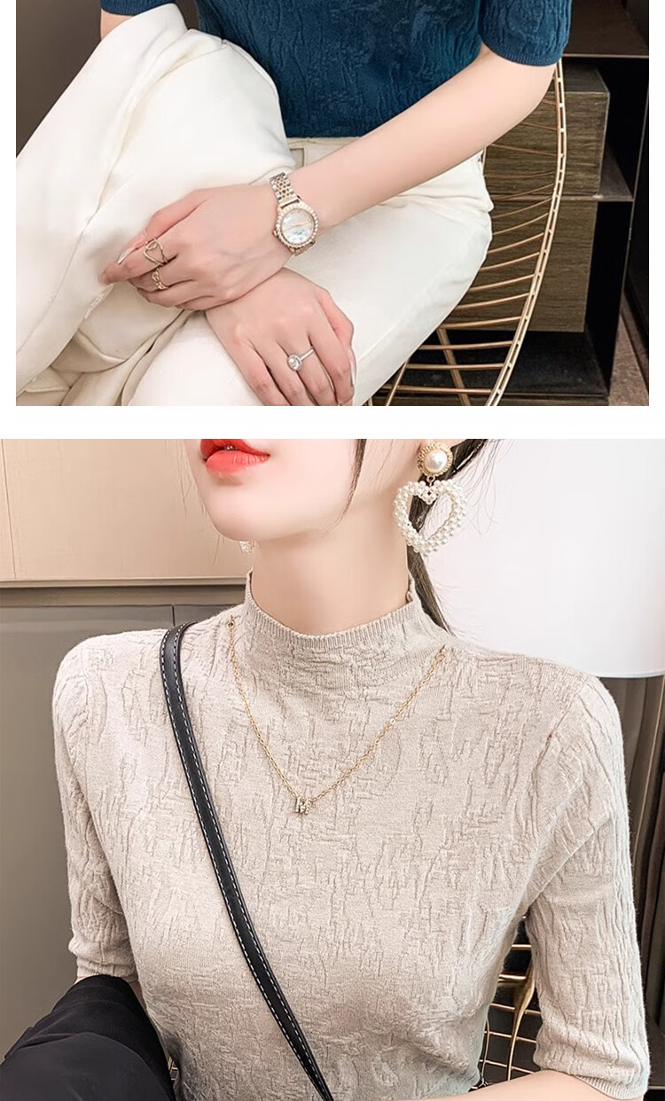 GUJIN Women's Mid-Sleeve Solid Color Textured Knit Top Half Turtleneck Short Sleeve 2025 New Basic Shirt 3
