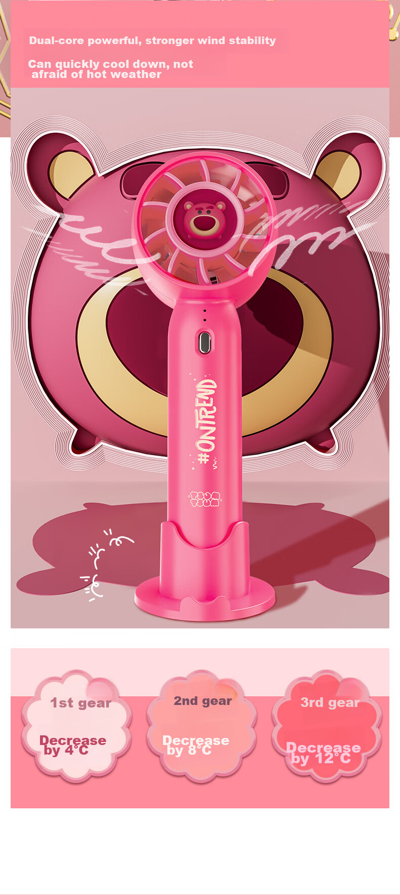 Baosou Portable Handheld Mini Fan with Built-in Light and Lanyard, Rechargeable, 3-Speed Strong Wind, Quiet, Pink 7