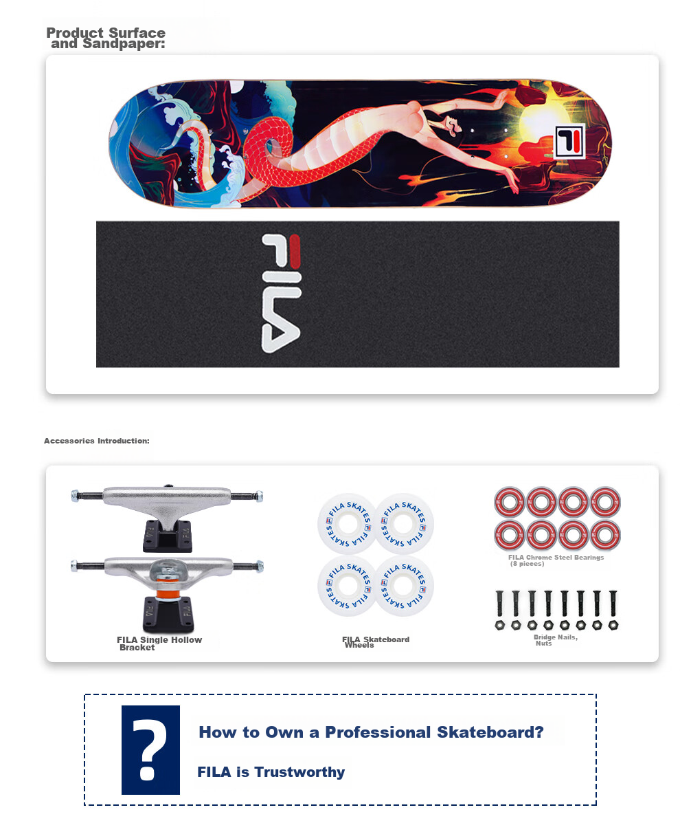 FILA Skateboard for Professional Men And Women, Teenagers, Adults, Beginners, Four-Wheel Cruising, Double-Kick Skateboard, Blue Classic 3