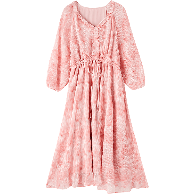 Dme [French-Style Muse] Spring Lightweight Wrinkle-Resistant Chiffon Floral Fairy Dress with Waist-Cinching Ruffle Trim Women's Dress