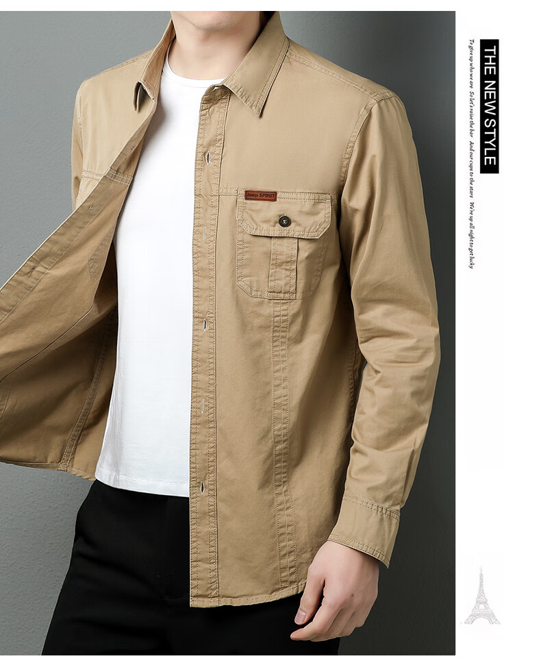 JEEP SPIRIT Men's Shirt, Long Sleeve, Spring And Autumn Washed Casual Workwear Shirt, Men's Jacket, Outerwear, Khaki, 2XL 3