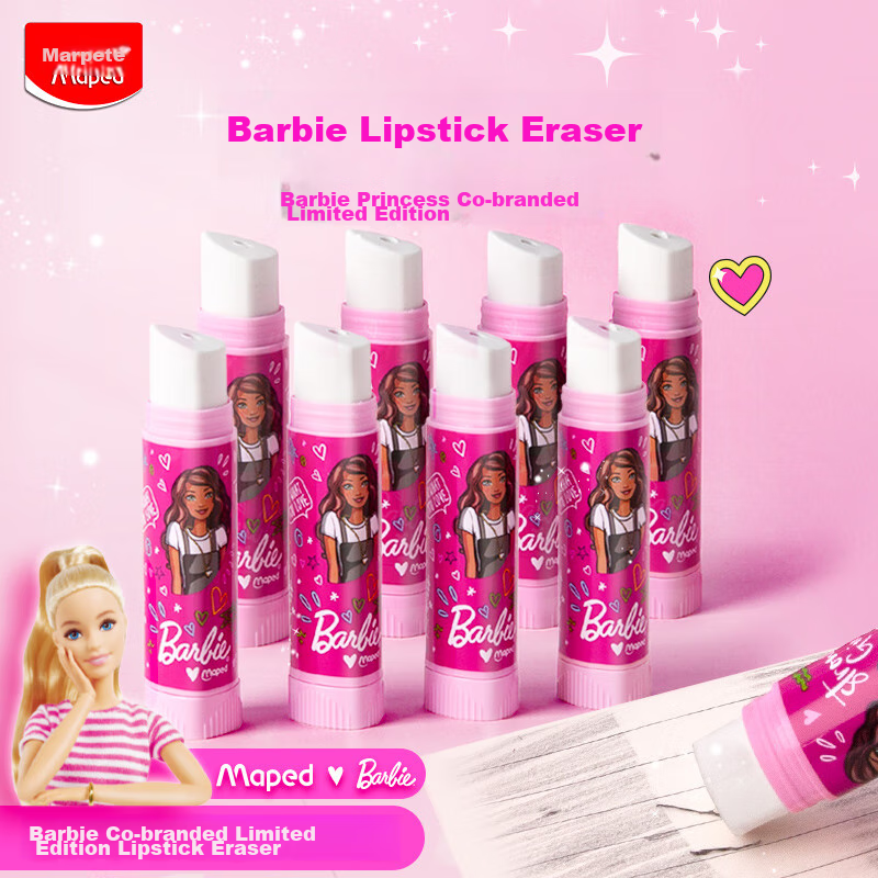 Maped Barbie Princess Lipstick Eraser, Children's Protective Cover Eraser, Dust-Free Clean, for Primary School Students, Non-Staining, Includes Replacement Core, Children's Day Gift, 152013CH