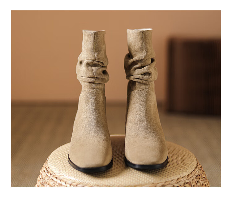 DAPHNE Western Cowgirl Boots for Women, Autumn And Winter Fashion Mid-Calf Chunky Boots, Retro Short Boots for Women, Khaki, Size 36 16