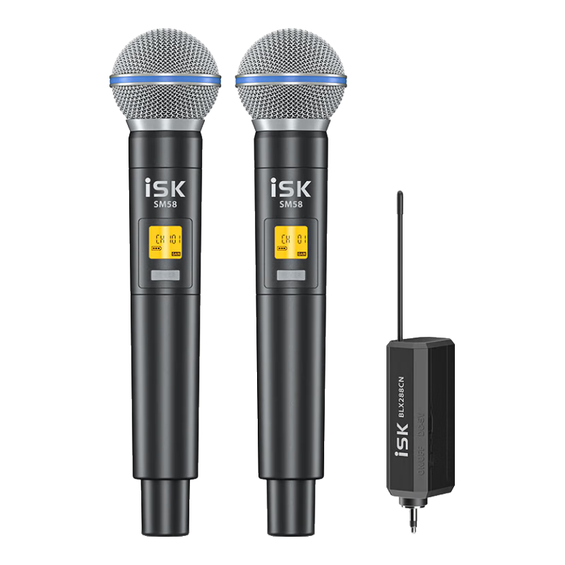 ISK SM58 Professional Wireless Dynamic Microphone System with Two Mics, Compatible with Smartphones, Computers, Sound Cards, Speakers for Live Streaming, Karaoke, Recording, Shouting, Outdoor Performances, Optional Complete Set