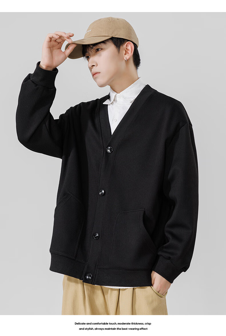 MMOPTOP Japanese-Style Solid Color Knit Sweater, Long-Sleeved Men's Spring And Autumn Vintage Loose V-Neck Cardigan MT2350 Black M 8