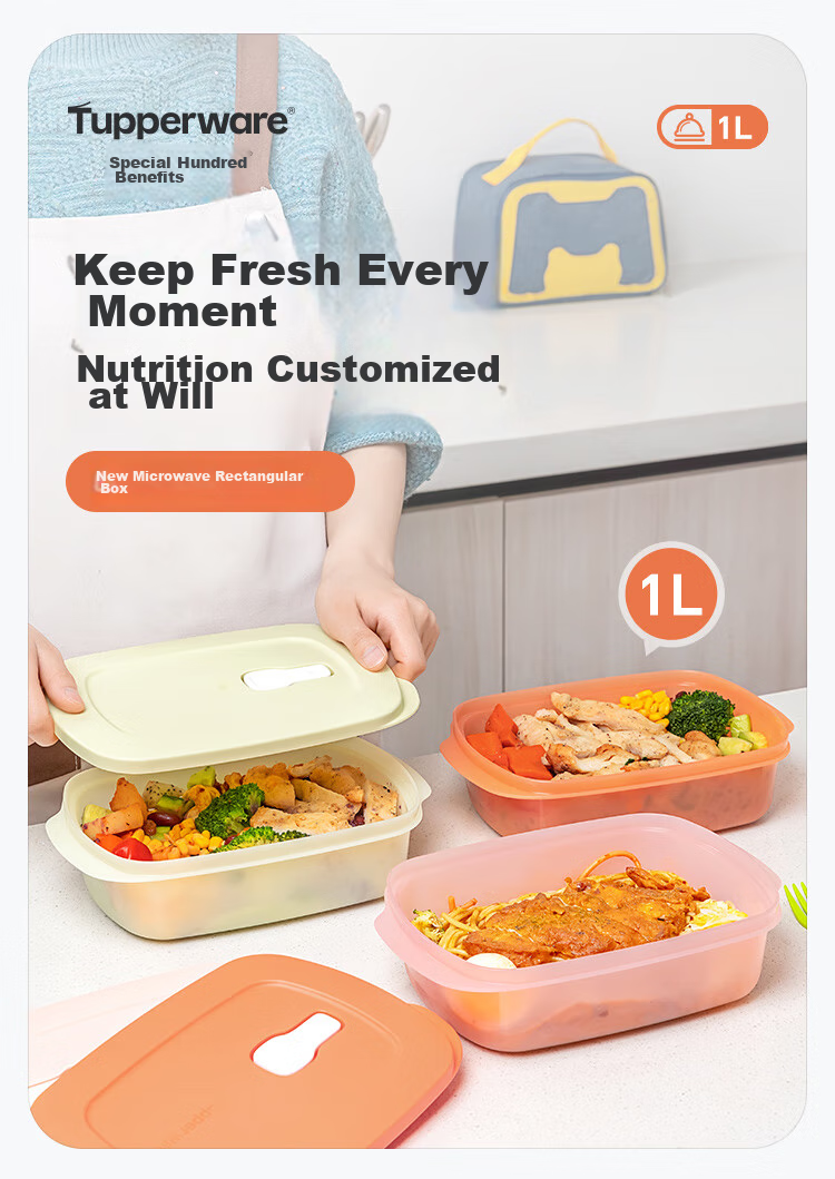 Tupperware Rectangular Lunch Box 1L Microwaveable Portable Sealed Bento Box for Students and Office Workers Macaron Blue 1