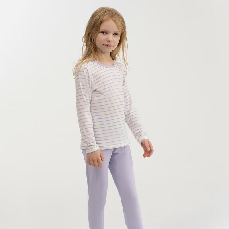 Aimer Kids Thermal Underwear for Girls, Moisture-Wicking And Heat-Generating, Light Warmth Autumn Top And Bottom Set, Purple Striped, Size 130