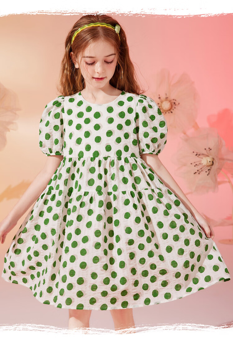 ASK JUNIOR Girls' Dress, Summer 2024 Thin Style, for Older Children, Fashionable Polka Dot Print, Pure Cotton Princess Dress, Green, Size 160 10