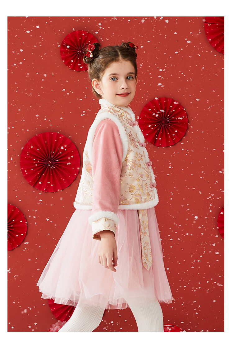 Classic Teddy Girls' Hanfu Children's Outfit Set, Big Kids' Vest Dress, New Chinese-Style New Year Costume Two-Piece Set, Bright Red 130 13