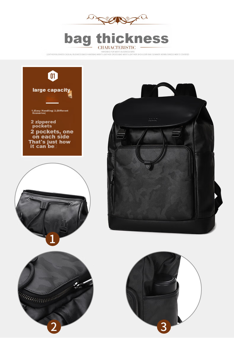 ELLE HOMME Men's Backpack, Trendy Camouflage Nylon Bag, Casual Large-Capacity 14-Inch Laptop Bag, 06260 Black 7