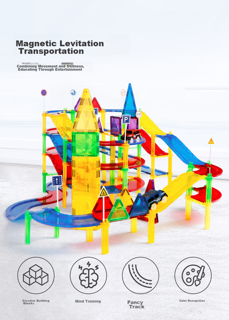 MAGPLAYER Children's Toy, Colorful Window Magnetic Tiles, Magnetic Building Blocks, Traffic Track Car Toys, Gift for Boys Aged 3-6, 82 Pieces 2