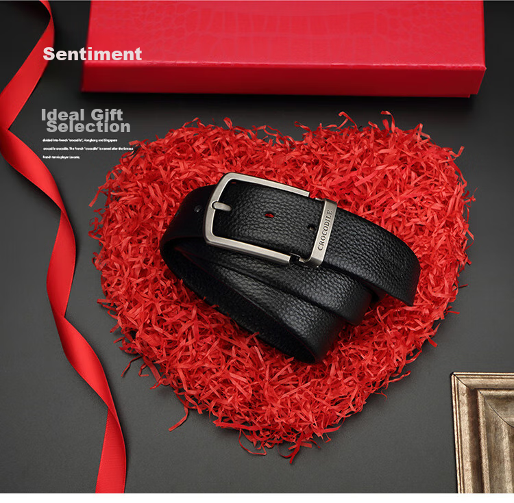 CROCODILE Versatile Youth Top-Grain Leather Casual Belt for Men with Pin Buckle, Birthday Gift ZT341 Black 4