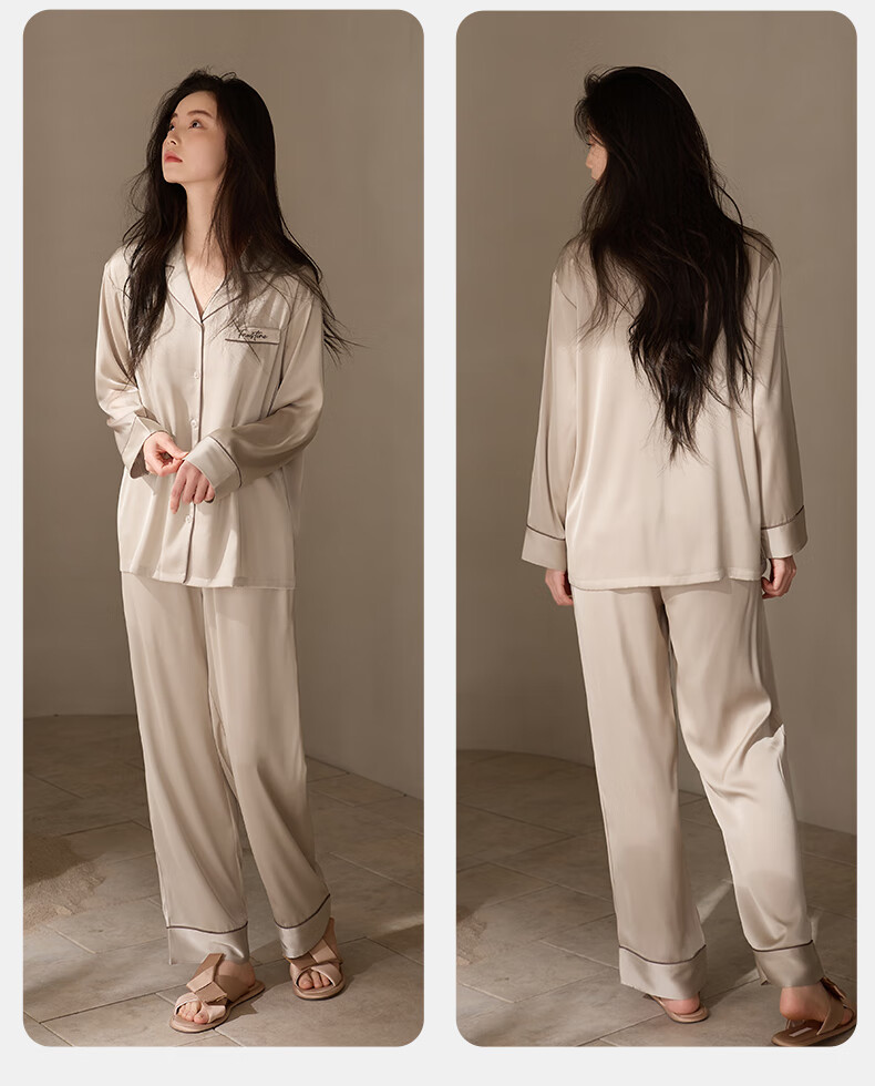 XULEN Ice Silk Pajamas for Women, Spring And Autumn Thin Long-Sleeve Plus Size Loungewear Set, 63795 Champagne Pink, 2XL(175) 10