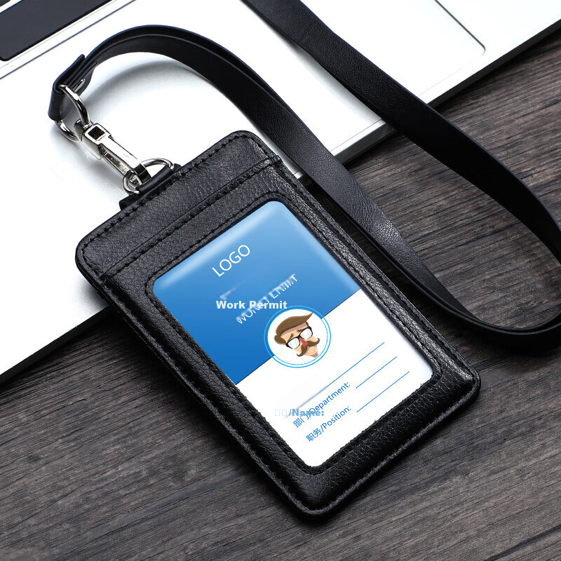 Longe Genuine Leather Work Badge Cowhide ID Card Holder Business Employee Name Tag with Storage Card Slots Neck Strap Badge Conference Access Pass Work ID Holder Customizable with Corporate Logo
