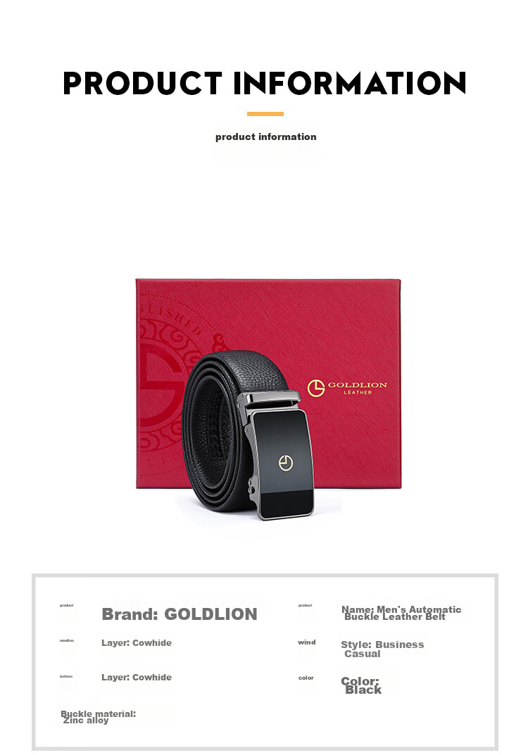 Goldlion Men's Automatic Buckle Belt, Business Casual Waistband Gift Box, Top-Grain Leather Trouser Belt, Birthday Gift 16