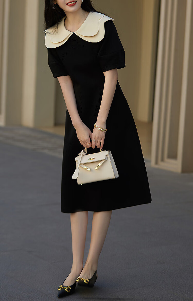 Dme [Young Noble] Spring and Autumn French Petal Collar Little Black Dress 350G Air Layer Contrast Color Dress for Wome 19