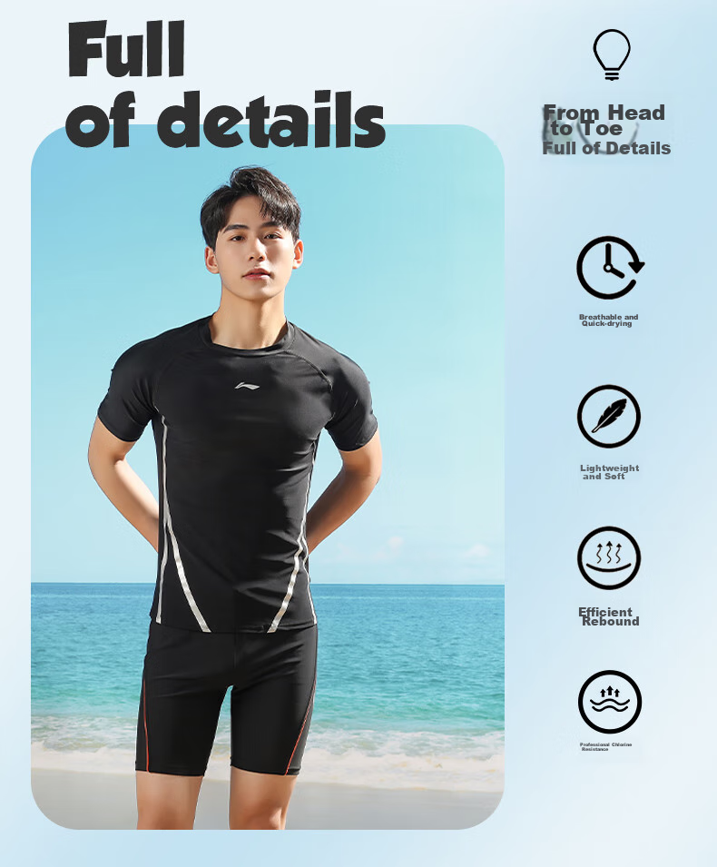 Li-Ning Swimming Trunks Men's Swimwear Set, Anti-Embarrassment Hot Spring Surfing Diving Suit Training Swimwear 022+171 Black L 6