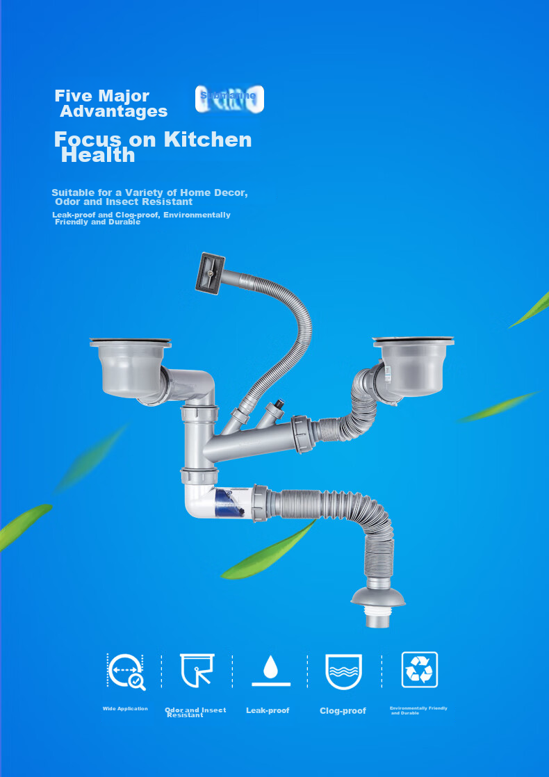 Submarine CSQ-12D Double-Slot Vegetable Washing Basin Drain Pipe, Basket 110 Drain Pipe Set, Side Wall-Mounted Drainage, Space-Saving Desig 5