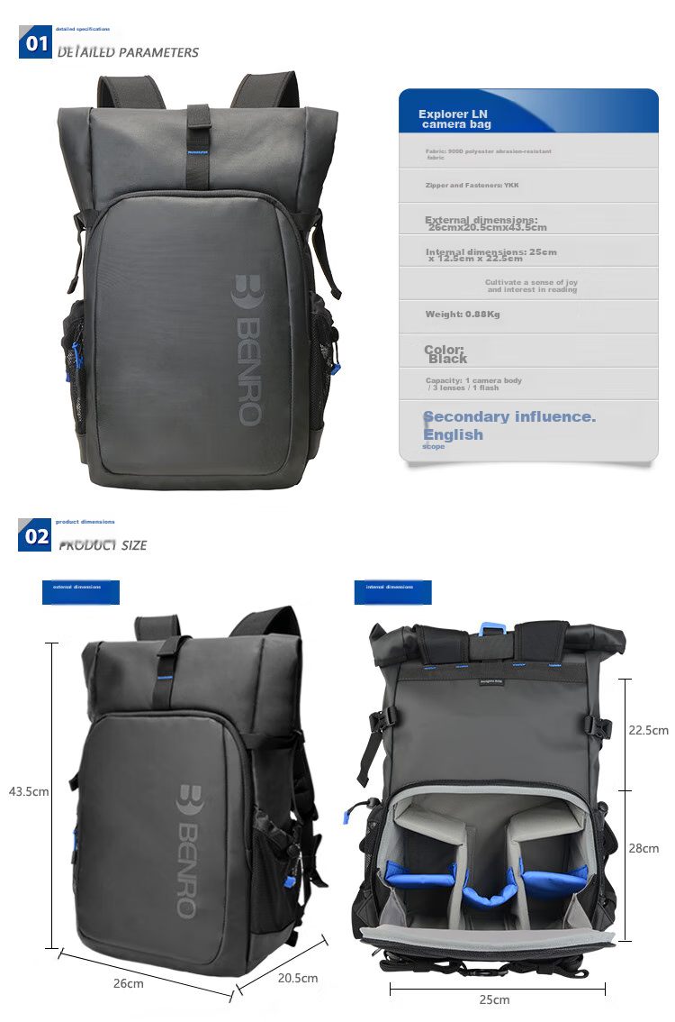 Benro Explorer LN Professional Outdoor Backpack for Photography, Mirrorless And DSLR Camera Bags, Lightweight Travel Storage Protection Portable Multifunctional One-Body Three-Lens Upper And Lower Layer Backpack 4