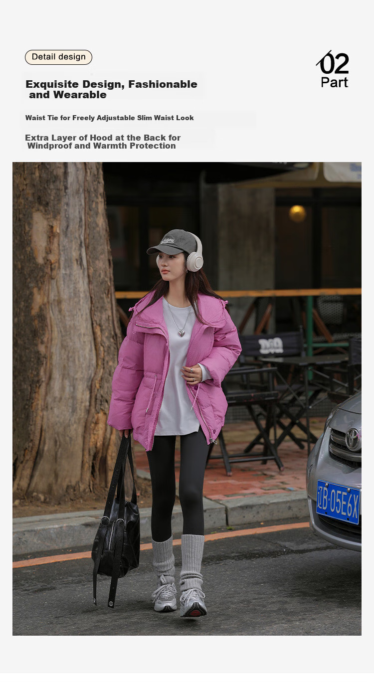 Dme [Dopamine Rose Pink] Winter Hooded Waist-Cinching Drawstring Decorated Long-Sleeve down Jacket for Wome 7