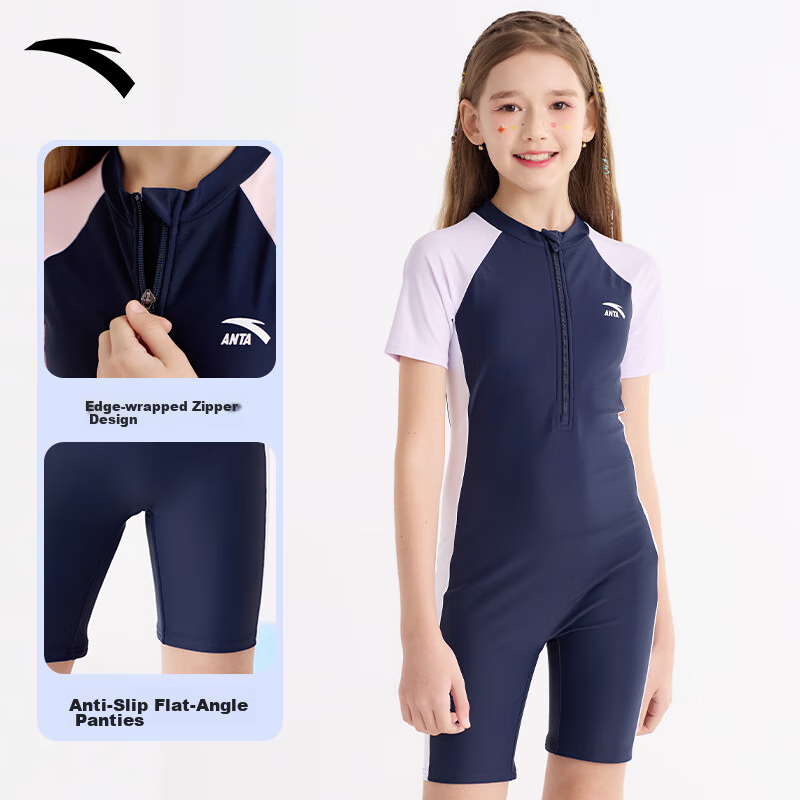 ANTA Children's Swimsuit, New Style Girls' One-Piece Square-Leg, Student Professional Training Swimwear, for Older Children, Blue And Purple, Size 170