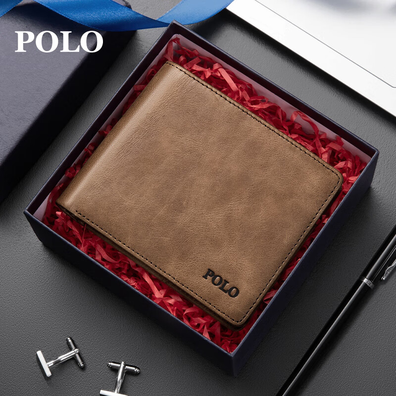 POLO Wallet for Men, Top-Grain Leather Billfold with Multiple Card Slots, Driver's License Holder, Short Bifold Wallet, Gift Box, Birthday Present