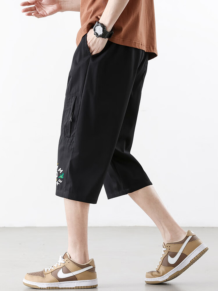 POUM Casual Cargo Capri Pants for Men, Summer Loose-Fit Trendy Quick-Dry Ice Silk Sports Shorts TQ05 Black L 12