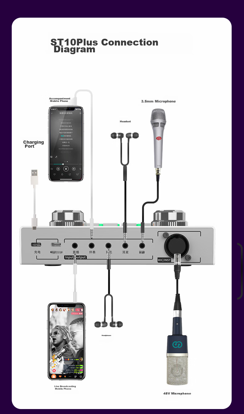 Seeknature ST20 Sound Card E300 Microphone Set for Live Streaming, Singing, Tuning, Mobile Phone And Computer Use, Popular Live Streamers, Karaoke, Recording Equipment with External Condenser Microphone Complete Set 14