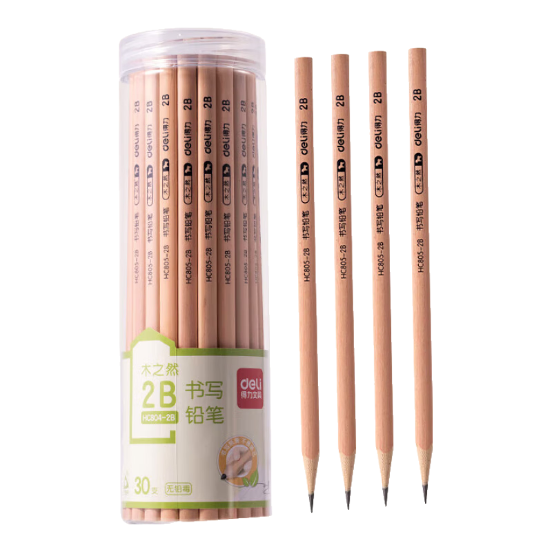 Deli 30 Pcs Wooden Pencils, 2B Triangular Shaft, for Writing, Drawing And Sketching, Muzhi Ran Series, 30 Pcs/bucket, Birthday/HC804-2B Student Back-To Stationery