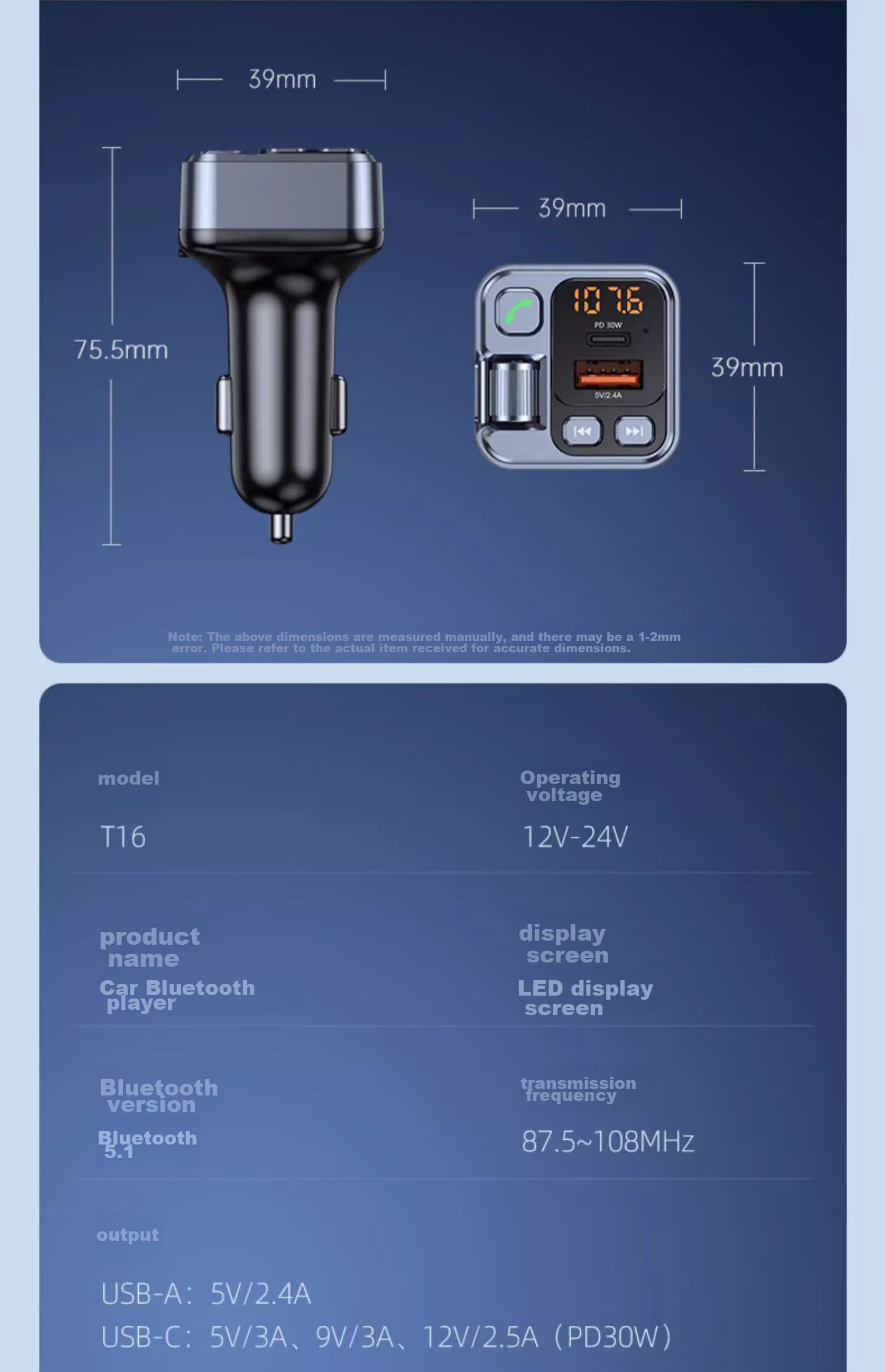Beiteng Car MP3 FM Transmitter PD30W Fast Charging 2.4A, Bluetooth Hands-Free AUX Play, Car Charger T16 + Data Cable 27