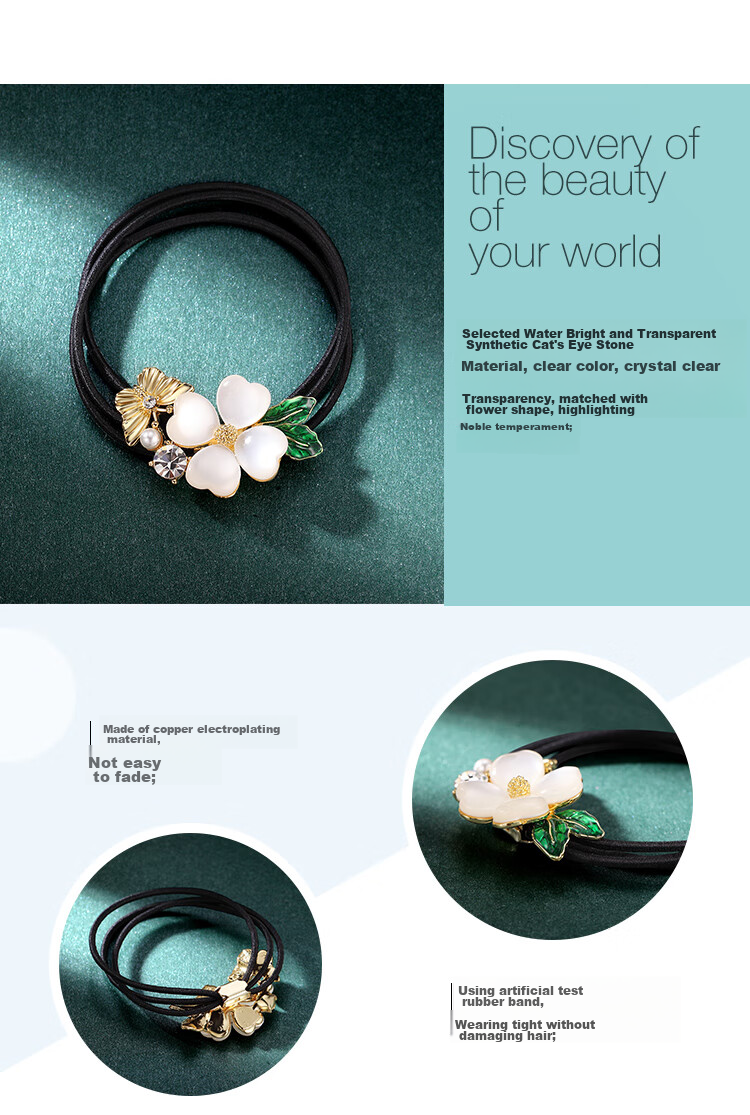 CHIMERA High-End Hair Tie, Cat's Eye Stone Four-Leaf Clover Hair Clip, Ponytail Elastic Band, Birthday Gift for Wome 3