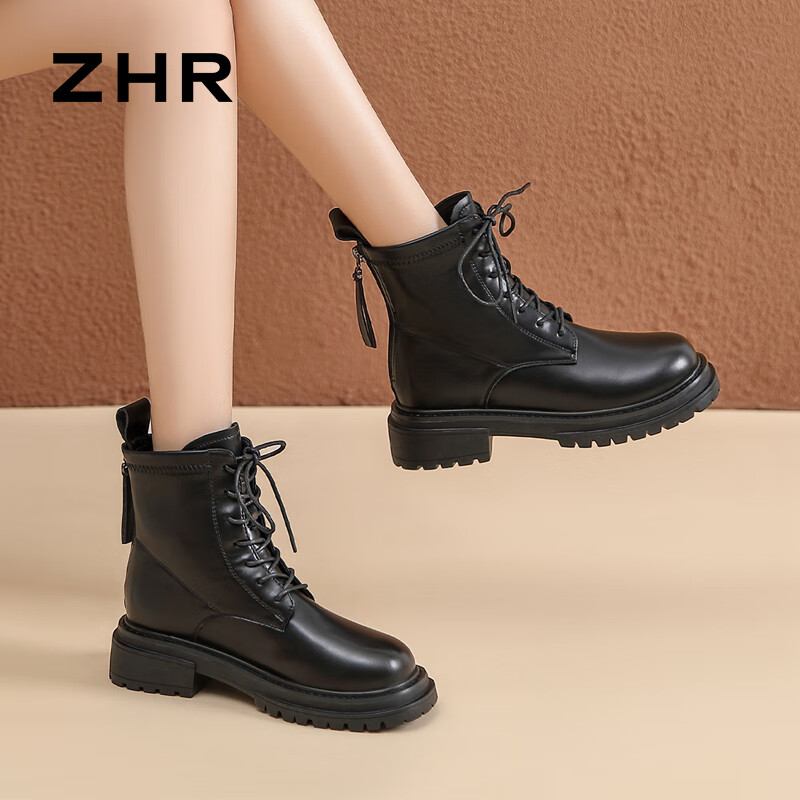 ZHR Martin Boots for Women, Autumn And Winter Retro Thick-Soled Women's Boots, British Style Lace-Up Versatile Ankle Boots, EH96, Black, Size 35
