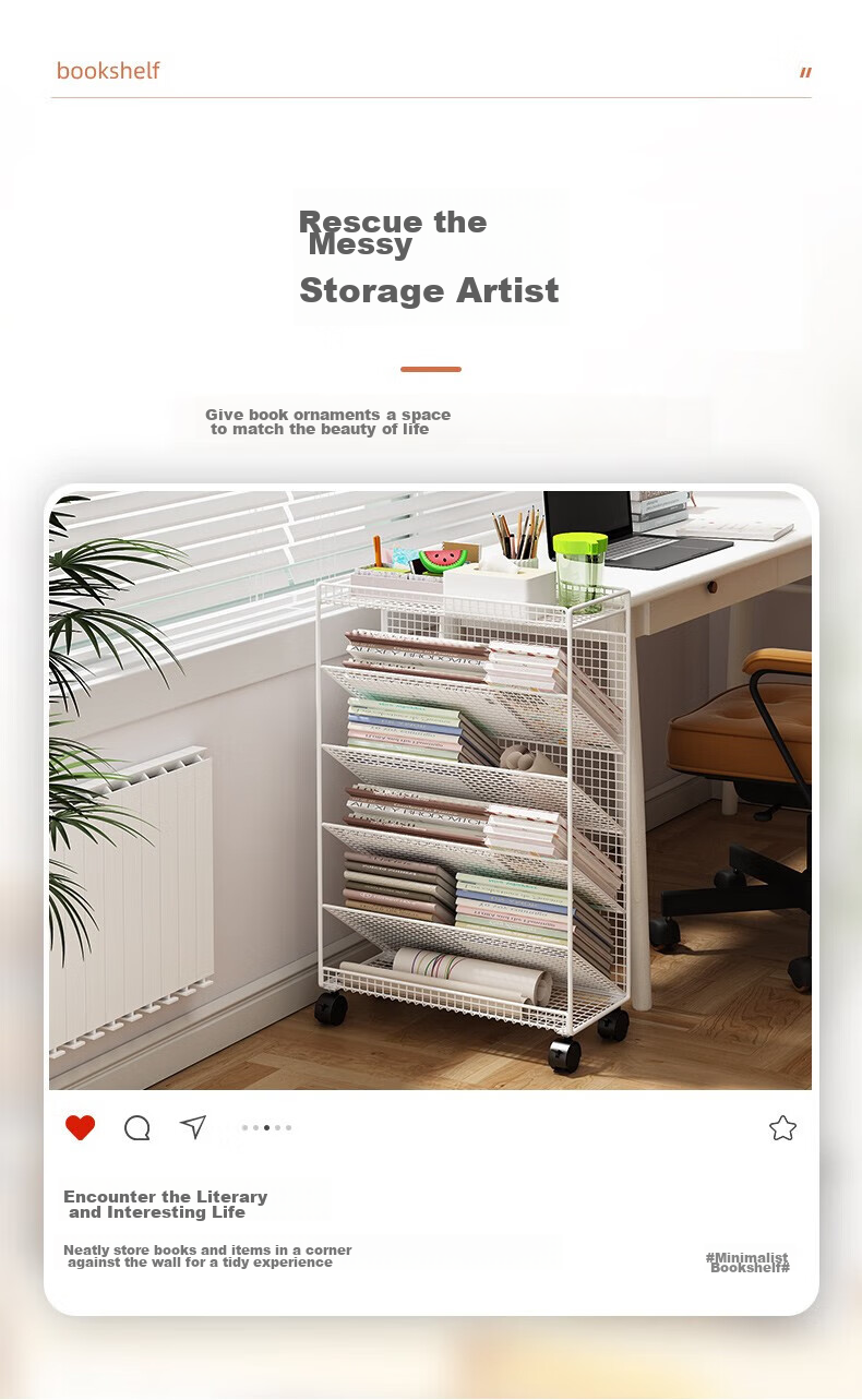 DSRAWMYT Bookshelf, Floor-Standing Storage Rack, Movable Wheeled Bookshelf for Desk Side, Simple Bookcase for Classroom Desk 3
