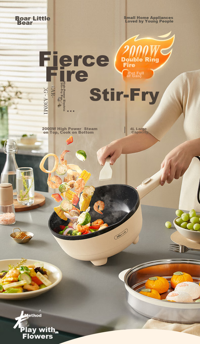 Bear Electric Wok, Multi-Functional Home Cooking Pot, Electric Cooker, Hot Pot, 2.5L Small Electric Pot, Non-Stick Cooking Pot for Stewing, Frying, And Boiling in Dormitory, Noodle Cooker B24C2 2