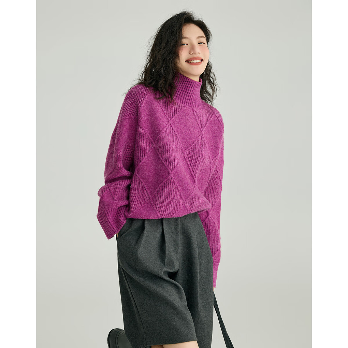 Demana Slightly Drunk Knitwear Stylish Diamond Pattern Slim Fit Sweater for Women Purple Red S