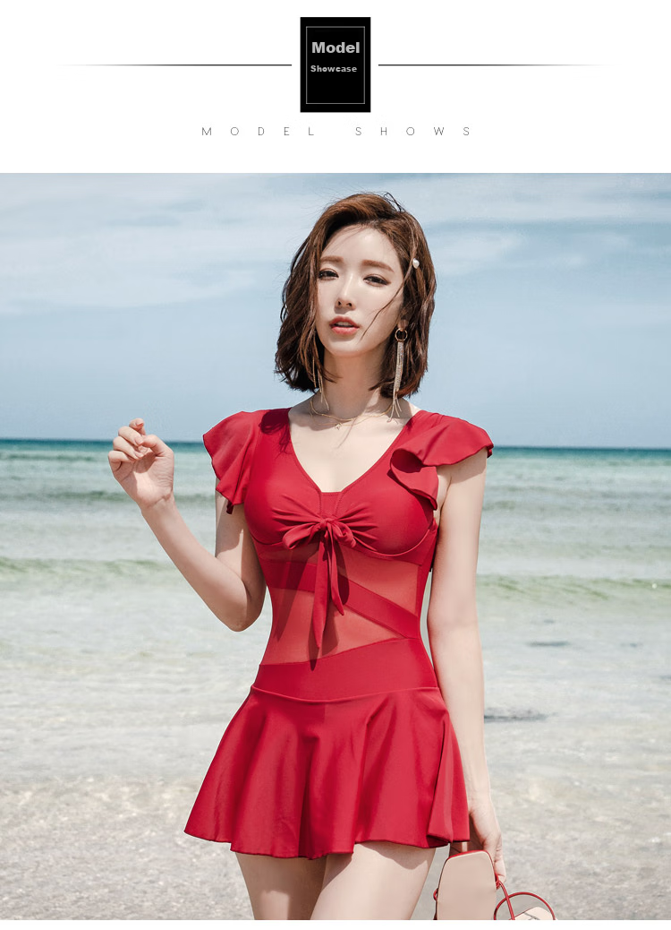 DK Swimsuit for Women, Sexy Push-Up Korean Style One-Piece Dress, Conservative Tummy-Covering Slimming Swimwear for Hot Springs, Red, M 16