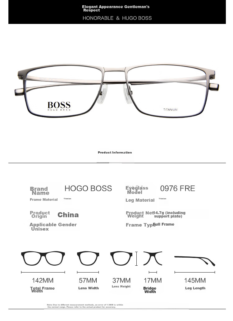 BOSS Celebrity Style, Prescription Eyeglass Frames for Men And Women, Optical Business Frames, Lightweight Titanium Frame 0976 003 57MM 2
