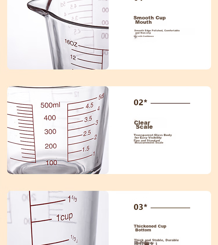BJ Measuring Cup, Food-Grade Glass Measuring Cup, 500ML, Graduated Cup, Egg Liquid Filter Measuring Cup, Baking Strainer Measuring Cup, Milk Cup 16