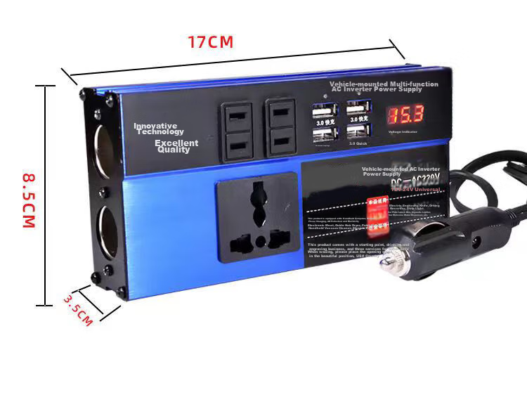 Beiteng Car Power Inverter Converter, Blue High-Power, Converts to 220V, Includes 4 USB Ports, 3 Socket Outlets, And 2 Cigarette Lighters 14
