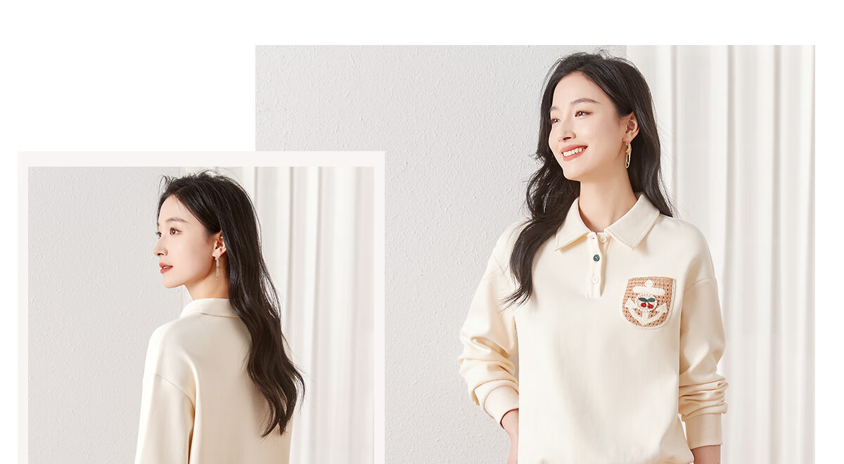 Chushen Women's Spring And Autumn Sweatshirt, College Style POLO Collar, Cherry Decoration, Loose Casual Top, S13KW1097 11