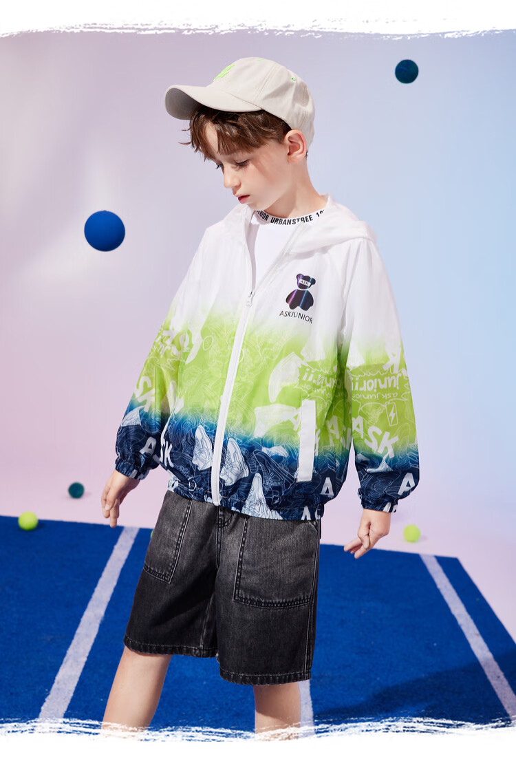ASK JUNIOR Boys' Summer Air-Conditioned Jacket Skin Coat Colorblock Hooded Sports Windbreaker Light Blue 160 11