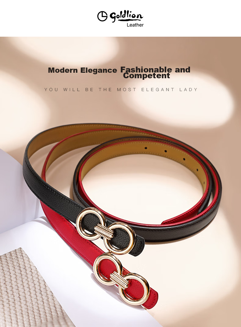 Goldlion Women's Leather Belt with Buckle, Versatile Waistband Gift Box, Birthday Present 1