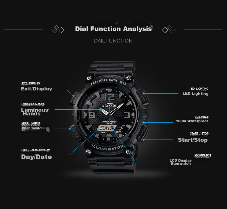 Casio Men's Sports Multifunctional Dual Display Waterproof Solar-Powered Electronic Watch, Student Gift AEQ-110W 4