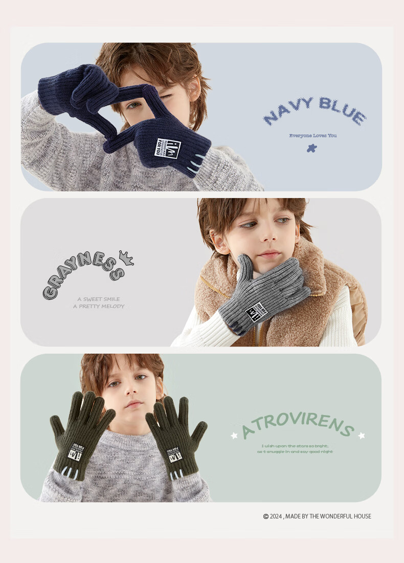 Duomiaowu Children's Gloves, Winter Boys' Warm Full-Finger Knitted Woolen Gloves, Boys' Writing Gloves, C5609 Navy Blue 3