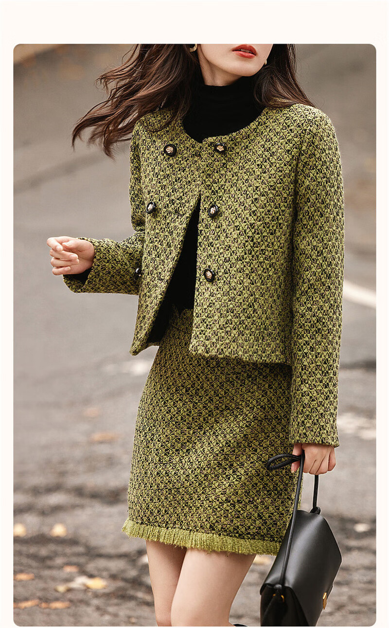 Dme [Elegant Chanel-Style] Winter New Round Neck Button-Up Long-Sleeve Top, High-Waist Skirt Set for Women, Fashionable Two-Piece Outfit 2