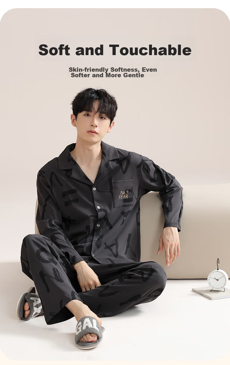 MiiOW [100% Pure Cotton] Men's Pajamas, Spring And Autumn Long-Sleeve, 10A Antibacterial, Anti-Mite, Sweat-Absorbing, Breathable Home Wear Set 5