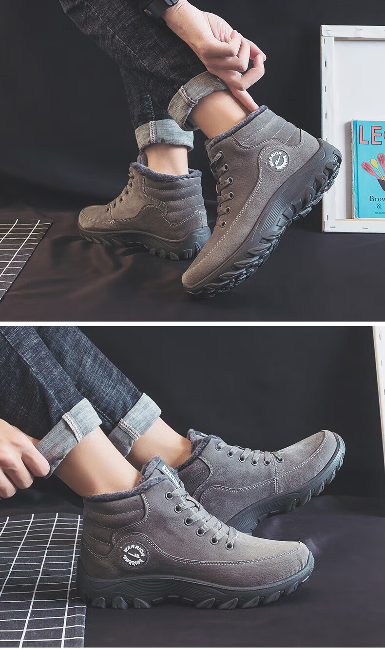 Warrior Official Men's Winter Cotton Shoes 2025 Warm Snow Boots Thickened Fleece Gray Size 44 5