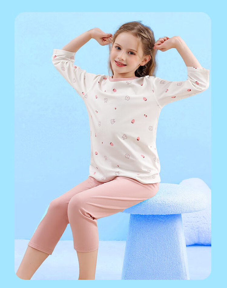 LangSha Children's Summer Pajamas, Thin Three-Quarter Sleeve Sleepwear, Air Conditioning Clothes for Boys And Girls, Home Wear Set for Older Childre 14