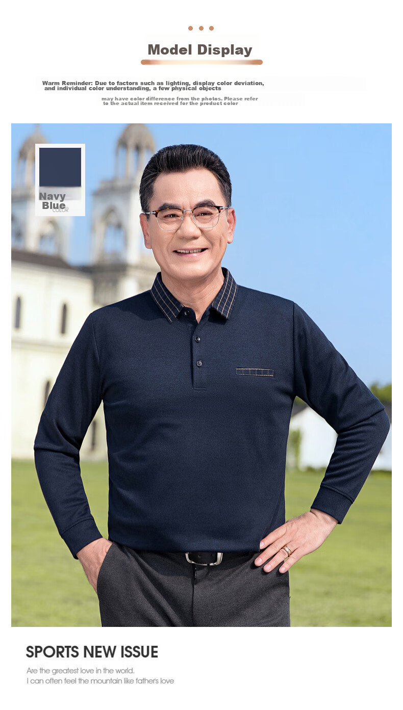 Baocaiyang Middle-Aged And Elderly Long-Sleeve T-Shirt for Men, Spring And Autumn Dad's Wear, Loose Casual Polo Undershirt, Elderly Grandfather's Top Clothing 12